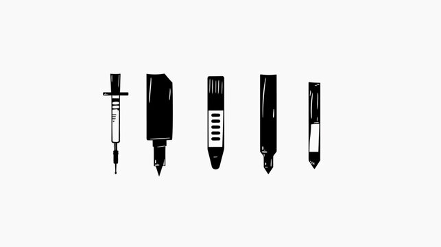 Black and white illustration of medical syringe and various writing implements on a blank white canvas