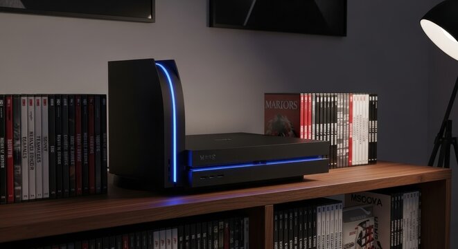 Sleek Black Gaming Console with Glowing Blue LED Accents on a Wooden Shelf Display
