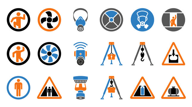 Vector Icons Set of industrial safety and workplace hazard warning signs. Vector Illustrations. EPS Editable