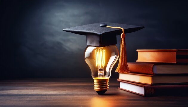 online learning graduation concept with glowing light bulb and academic cap on dark background