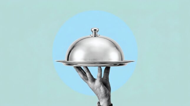Hand holding a silver cloche on a serving tray against a light blue background.