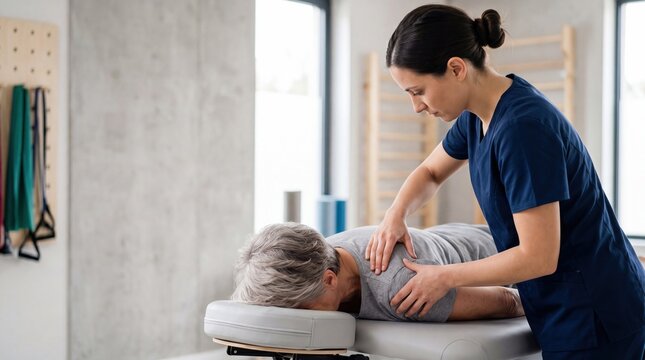 Professional physiotherapist performing shoulder treatment massage therapy for older adult patient recovering from injury at rehabilitation center