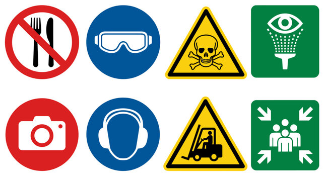 Vector Icons Set of Industrial Workplace Safety and Warning Signs Icons. Vector Illustrations. EPS Editable