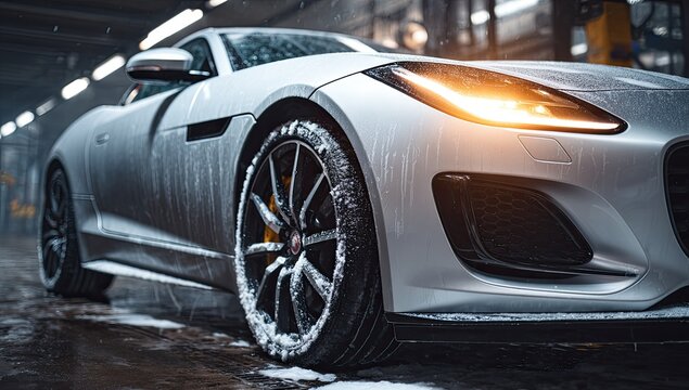 Sleek Silver Sports Car Gleaming Under Bright Lights.