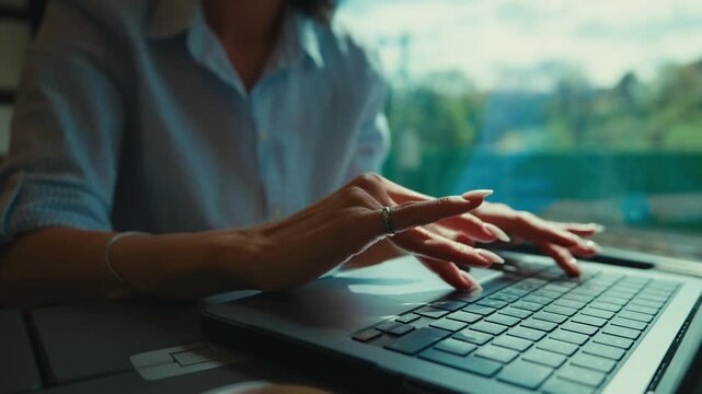 Close up of female hands with a neat manicure typing on a laptop keyboard, working as a digital nomad or freelancer while commuting on a train with the changing landscape visible outside the window
