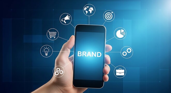 Hand holding a smartphone with the word "brand" on screen, surrounded by a network of white representing marketing, business, and global reach, set