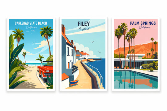 Vintage travel posters of coastal and desert destinations: Carlsbad, Filey, Palm Springs vector illustration