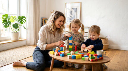 Obraz premium Mother Playing with Children at Home – Mother’s Day Family Moment