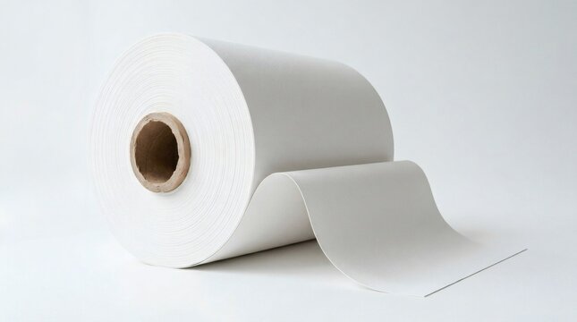 Large industrial roll of white paper or non-woven fabric on a cardboard core isolated on white background.