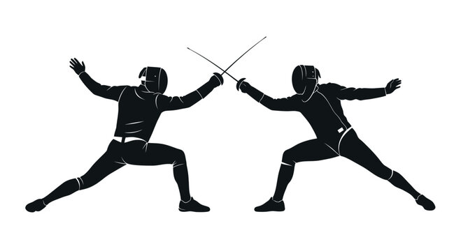Fencing duel silhouette, two athletes competing in sport with swords, action pose