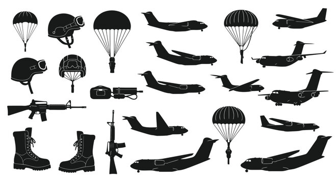 Military Aviation and Paratrooper Gear Vector Icons Silhouette Set