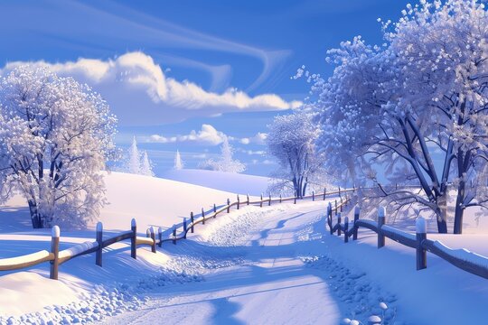 Snowy landscape with trees and a fence in Pixar style, high resolution, highly detailed, and high-quality imagery capturing the winter charm.