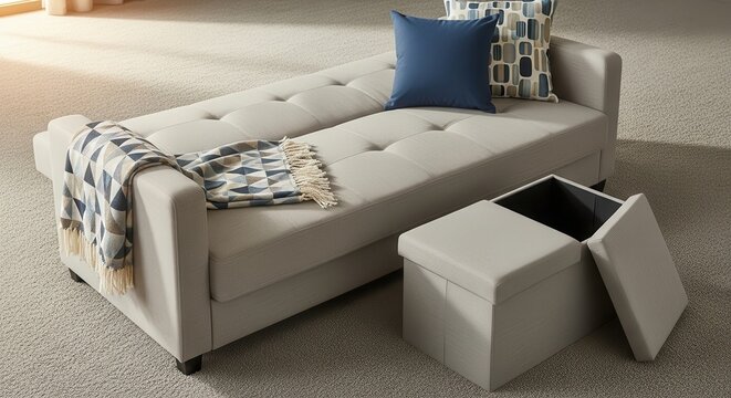 A versatile beige futon sofa bed with a storage ottoman and decorative pillows on carpeted flooring
