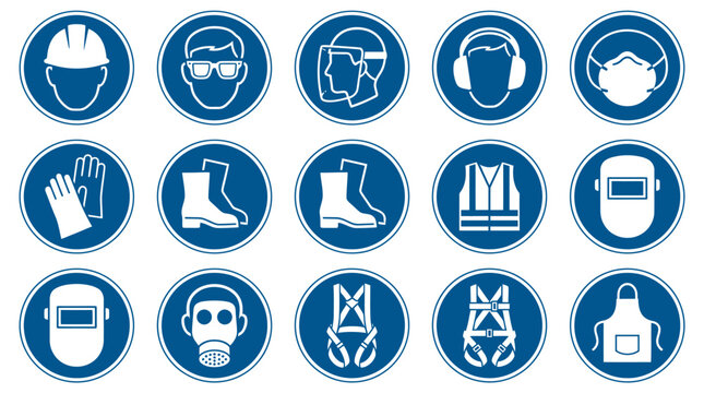 Vector Icons Set of mandatory safety equipment signs for industrial and construction work environments. Vector Illustrations. EPS Editable