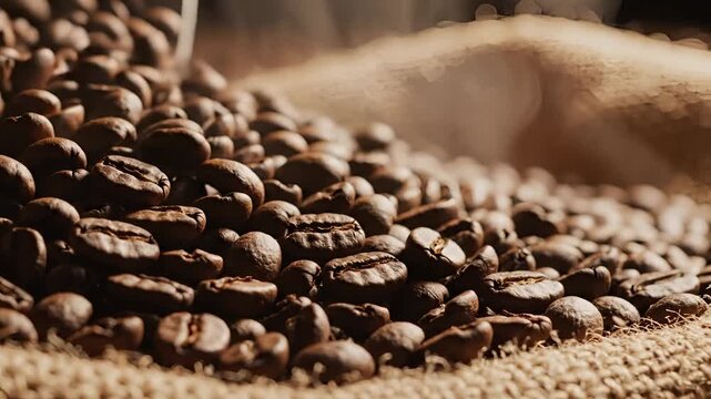 Closeup of Roasted Coffee Beans Piled on Burlap Sack.