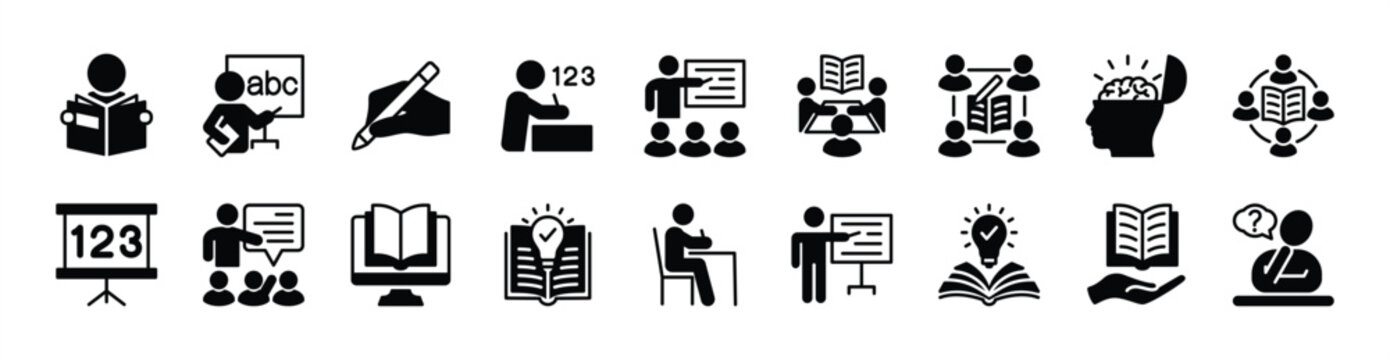 Learning icon vector set. Contains e-learning, book, study group, education, writing, reading, teaching, class, lesson, student, idea, blackboard, mathematic, coaching, college - illustration