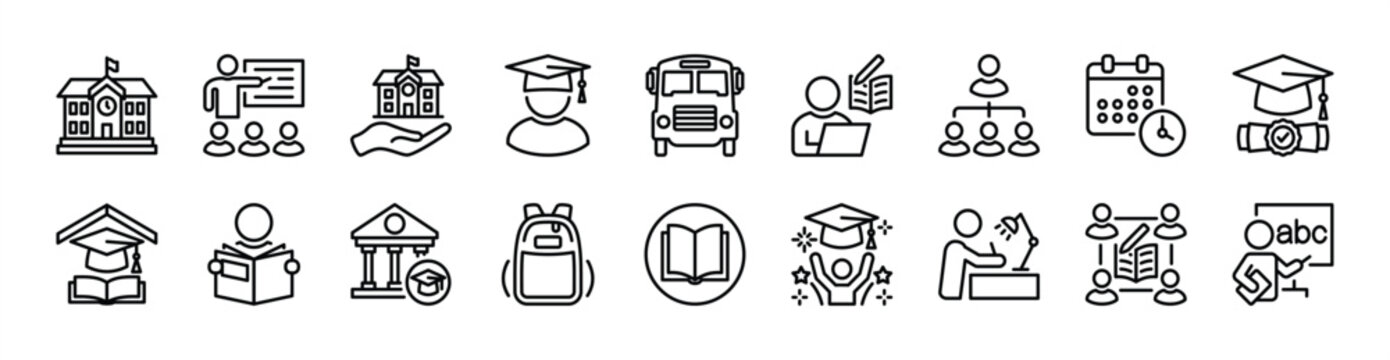 School thin line icon set. Contains college, classroom, student, teacher, study group, book, bus, graduation, diploma, university, e-learning, schedule, bag, desk, organization - vector illustration