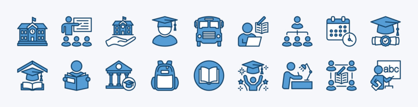 Set of school icon. Contains education, student, classroom, teacher, book, study group, e-learning, bus, graduation, diploma, university, schedule, bag, desk, college, organization - vector illustrati