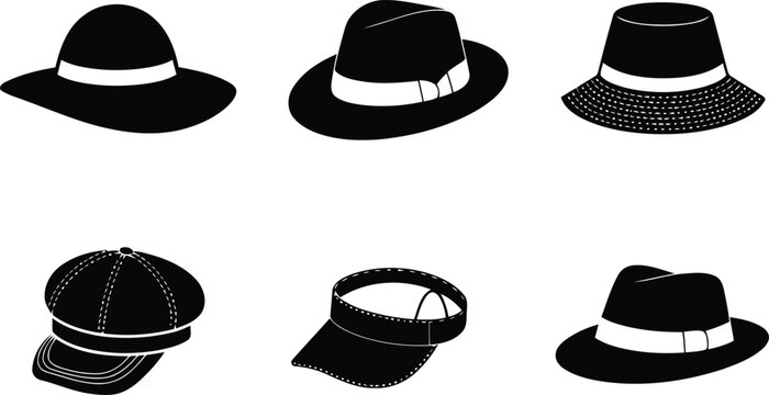 Collection of six hats in black silhouette vector illustration.