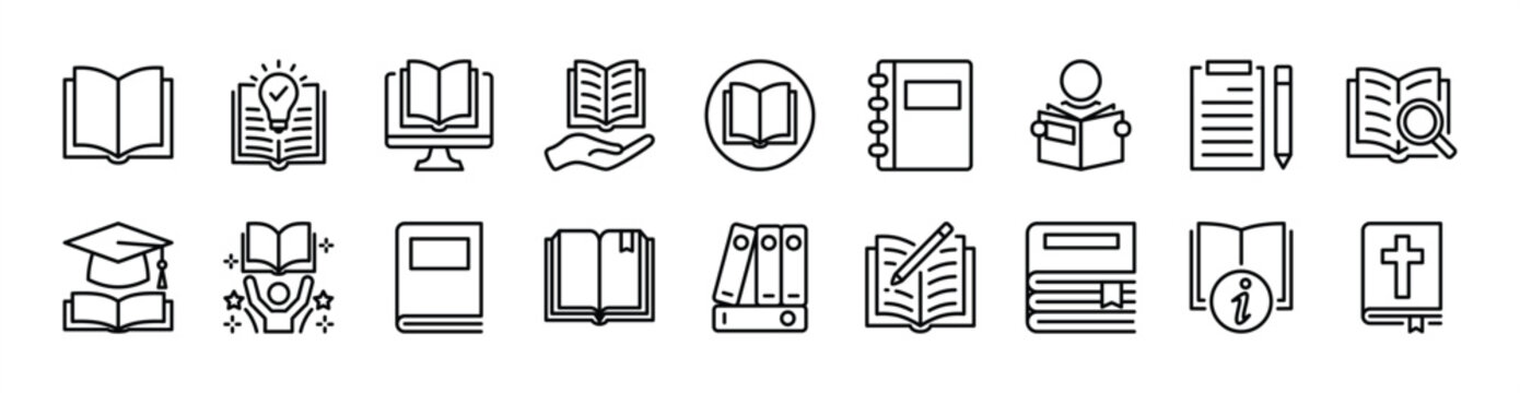 Book thin line icon set. Contains e-learning, education, study, reading, library, journal, writing, notes, information, dictionary, graduation, bookshop, textbook, open, religious. Vector illustration
