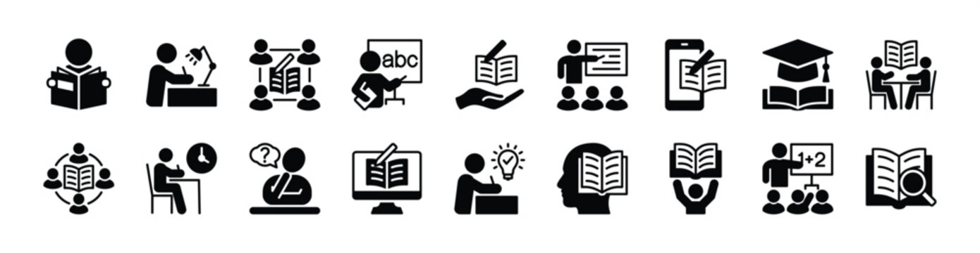 Study icon vector set. Contains e-learning, reading, education, writing, teaching, college, thinking, class, desk, idea, graduation cap, group, intelligent, deadline, searching - illustration