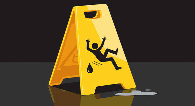 Yellow wet floor warning sign with a slipping person icon and a puddle on a dark reflective surface.