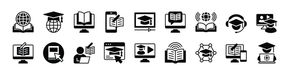 E-learning icon vector set. Contains education, learning, globe, study, reading, writing, teaching, class, online video, courses, web, listening, graduation cap, book, network, internet - illustration