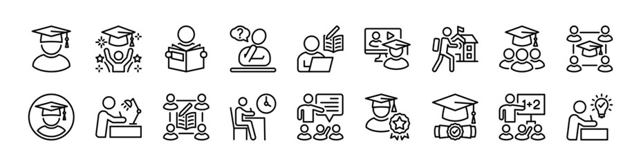 Plakat Student thin line icon set. Contains graduation cap, diploma, college, education, study, thinking, e-learning, group, desk, deadline, school, university, class, profile, homework - vector illustration