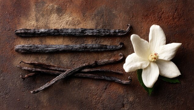 Gourmet Vanilla Beans and Delicate White Flower on Rustic Background.