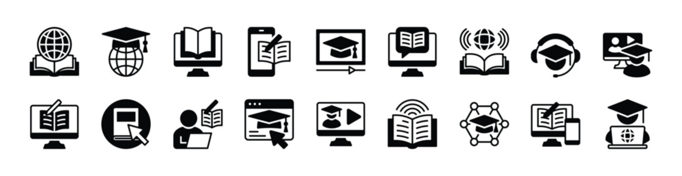 E-learning icon vector set. Contains education, learning, globe, study, reading, writing, teaching, class, online video, courses, web, listening, graduation cap, book, network, internet - illustration