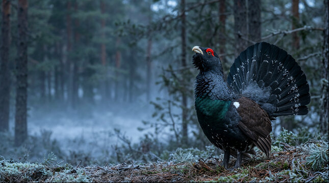 Male capercaillie displaying in frosty pine forest in cold morning