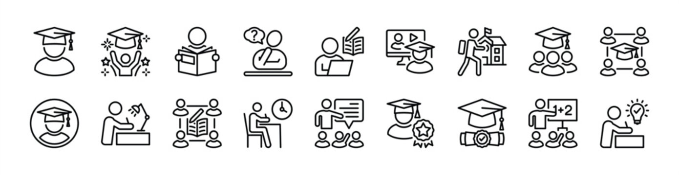 Student thin line icon set. Contains graduation cap, diploma, college, education, study, thinking, e-learning, group, desk, deadline, school, university, class, profile, homework - vector illustration