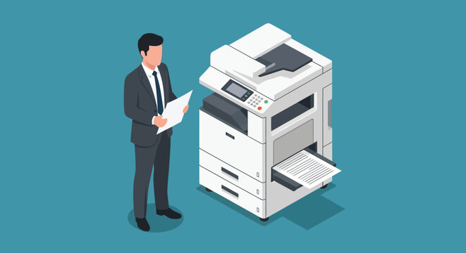 An isometric illustration depicts a businessman using a modern multifunction printer in an office setting