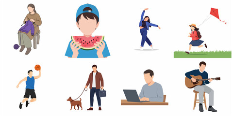 Fototapeta premium Collection of Diverse Flat Design People Engaged in Various Activities and Hobbies