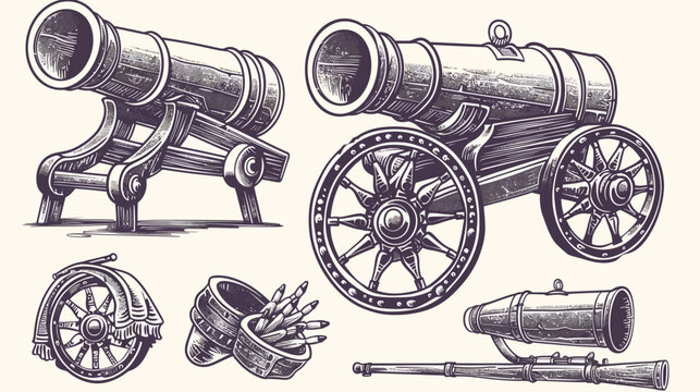 Vintage ink-drawn illustration showing a canon, wheels, and projectiles. An antiquated military theme