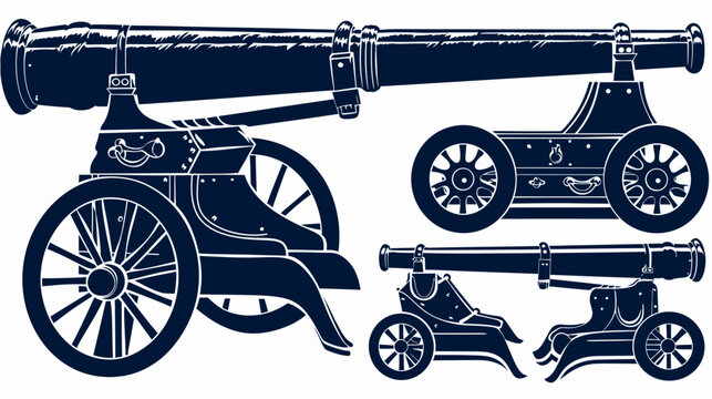 Graphic rendering with three cannon models, showcasing wheeled bases and barrels. Dark blue on white background