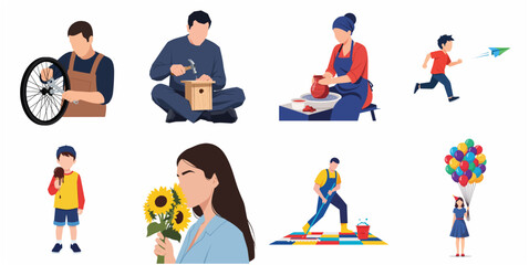 Fototapeta premium Diverse Set of Flat Illustrations Showing People Engaged in Various Hobbies and Activities