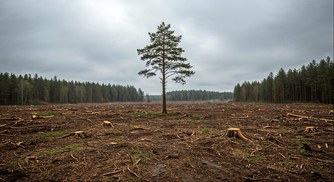 Lone pine tree in middle of clearcut logging site on cloudy day