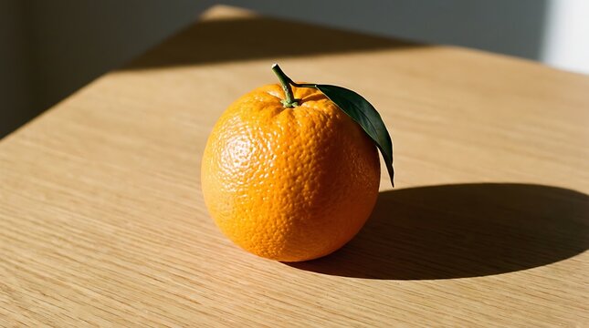 A vibrant close up shot of a single kumquat with a stem and leaf bathed in warm sunlight on a wooden surface