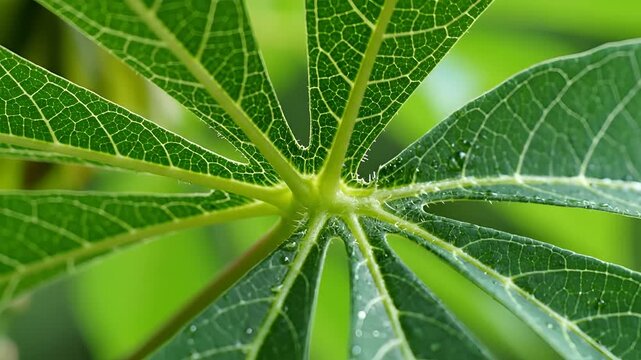 Closeup view of a vibrant green cassava leaf structure.