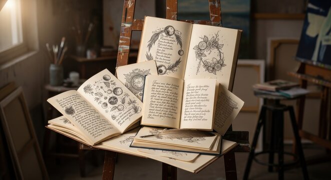 Artistic Arrangement of Antique Poetry Manuscripts and Illustrated Books on an Easel
