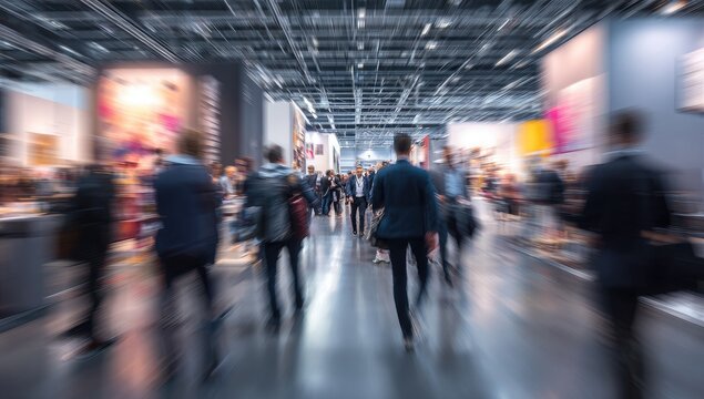 Blurred motion of people walking through a busy exhibition hall.
