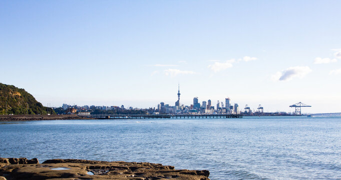 Scenic waterfront view of Auckland's iconic skyline featuring downtown skyscrapers and the Sky Tower, framed by lush green cliffs and calm blue harbour waters under a clear sky