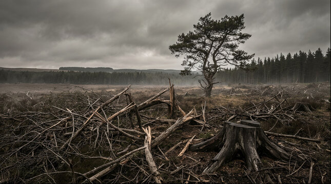 Lone pine tree in devastated clearcut logging site with debris
