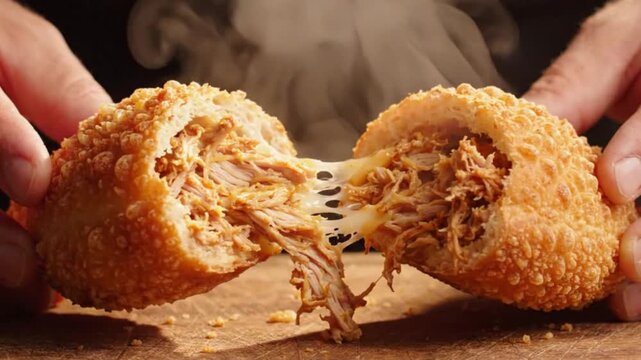 Golden Crispy Brazilian Pastel Fried To Perfection Close Up With Steam Delicious Traditional Street Food Snack From Brazil High Quality 4k Lifestyle Footage