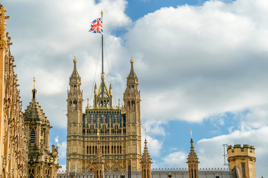 Waving england flag on London Famous Westminster uk landmark