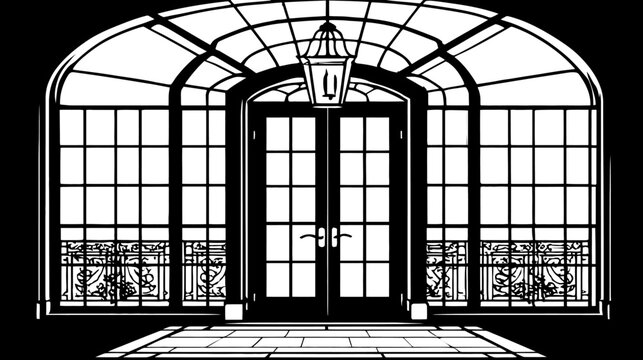 Ornate greenhouse entrance in black and white, with arched glass roof and double doors