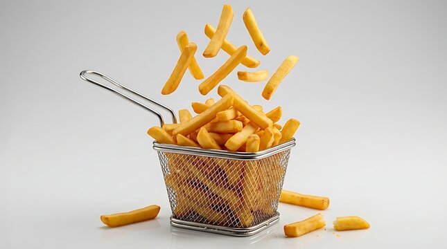 Golden french fries cascade a delicious still life with a metal fry basket and scattered potatoes
