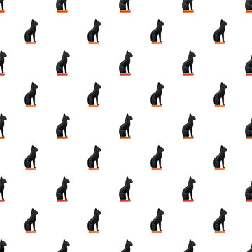 Repeating pattern featuring black ancient egyptian bastet cat statues on a white background