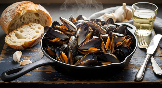 Steaming fresh mussels in cast iron skillet with crusty bread